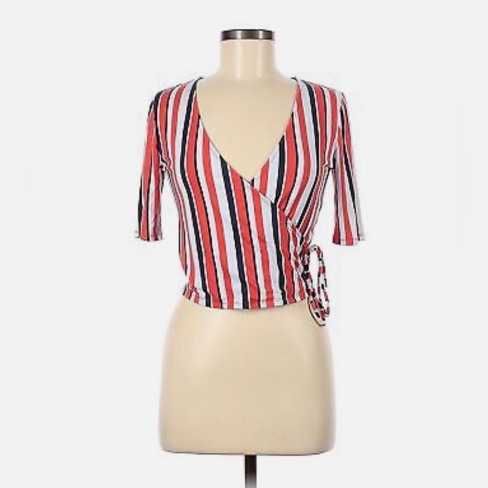 NWT Forever 21 Red, White, Blue Striped Wrap look Crop Top Sz Medium​ 3/4 sleeve